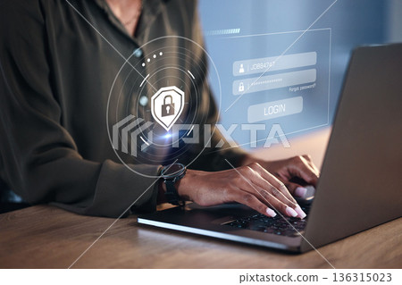 Hands, woman on laptop and hologram for login, cyber security software or code. IT, typing and programmer with keyboard, lock overlay and cryptography for data safety, protection and ui on computer. Hands, woman on laptop and hologram for login, cyber security software or code. IT, typing and programmer with keyboard, lock overlay and cryptography for data safety, protection and ui on computer. 136315023