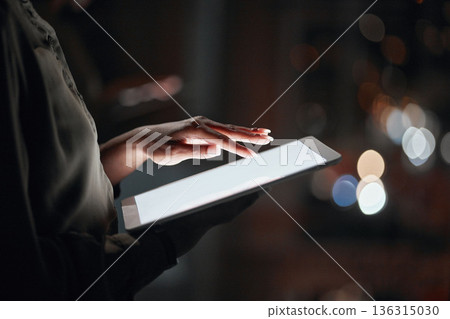 Woman, hands and tablet mockup at night for networking, social media or advertising at the office. Closeup of female person or employee working late on technology display or screen for online search Woman, hands and tablet mockup at night for networking, social media or advertising at the office. Closeup of female person or employee working late on technology display or screen for online search 136315030