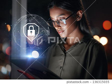 Tablet, global security and woman in hologram for data safety, software password and worldwide database. Cybersecurity, overlay and business person with digital technology, lock icon and night bokeh Tablet, global security and woman in hologram for data safety, software password and worldwide database. Cybersecurity, overlay and business person with digital technology, lock icon and night bokeh 136315035