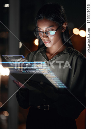 Woman, tablet and hologram at night in web design with dashboard, interface or hud display at the office. Female person, employee or developer working late on futuristic technology or code overlay Woman, tablet and hologram at night in web design with dashboard, interface or hud display at the office. Female person, employee or developer working late on futuristic technology or code overlay 136315036