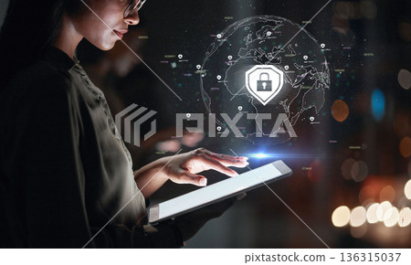 Tablet, cyber security hologram and woman for global data safety, software development and worldwide coding. Holographic, overlay and business person on digital technology, lock icon and night bokeh 136315037