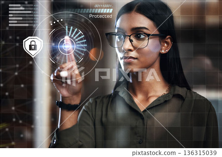 Woman, fingerprint scan and biometrics at night for futuristic cyber security, hologram or dashboard at office. Hand of female person in recognition for digital access, identification or verification 136315039