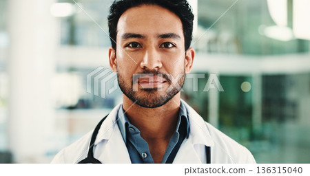 Portrait, man and doctor in hospital for healthcare career, consulting services and medicine expert. Serious, physician or medical professional with confidence for patient support, clinic or about us 136315040