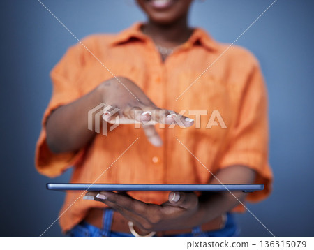 Hand, invisible or woman with futuristic tablet for online info on wall background for research on internet. Biometric, gesture or closeup of user with data access or information for connectivity Hand, invisible or woman with futuristic tablet for online info on wall background for research on internet. Biometric, gesture or closeup of user with data access or information for connectivity 136315079