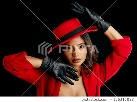 Woman, retro spy and glamour art portrait in studio with vintage fashion and cosplay agent. Young female person, black background and luxury style with cosmetics, clothes and model with confidence 136315088