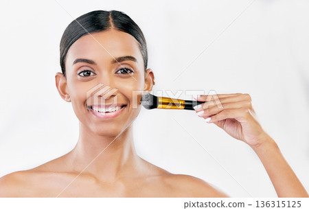 Portrait, indian woman and brush for face makeup, cosmetics and aesthetic tools on white background, mockup space or studio. Happy female model brushing facial beauty product, foundation and skincare Portrait, indian woman and brush for face makeup, cosmetics and aesthetic tools on white background, mockup space or studio. Happy female model brushing facial beauty product, foundation and skincare 136315125