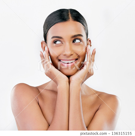 Face, thinking and a woman with natural beauty, skin or glow isolated on a white background. Dermatology, makeup and cosmetics of Indian female model for facial shine, wellness or self care in studio Face, thinking and a woman with natural beauty, skin or glow isolated on a white background. Dermatology, makeup and cosmetics of Indian female model for facial shine, wellness or self care in studio 136315155