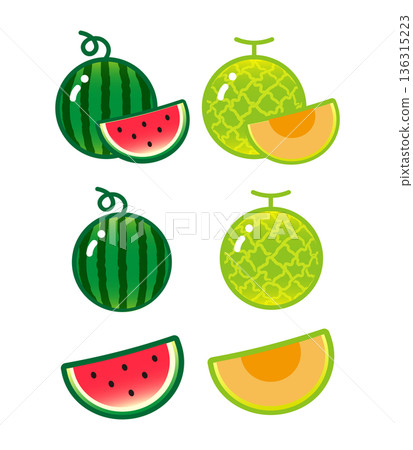 Illustration material of various watermelons and melons (whole and cut fruits) Illustration material of various watermelons and melons (whole and cut fruits) 136315223
