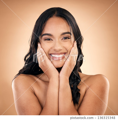 Face, happy woman and skincare touch for beauty isolated on a brown background in studio. Portrait, natural cosmetics and smile of model with spa treatment for aesthetic, wellness and skin health. Face, happy woman and skincare touch for beauty isolated on a brown background in studio. Portrait, natural cosmetics and smile of model with spa treatment for aesthetic, wellness and skin health. 136315348