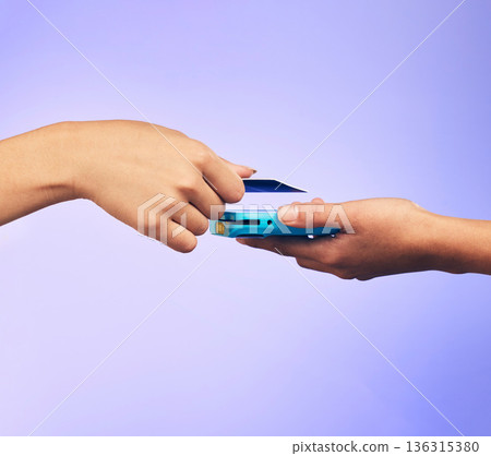 Card machine, shopping and people hands at POS, online payment and digital service or paperless fintech. Retail, credit and cashier, customer or person at point of sale on studio or purple background Card machine, shopping and people hands at POS, online payment and digital service or paperless fintech. Retail, credit and cashier, customer or person at point of sale on studio or purple background 136315380