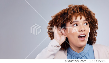 Space, rumor and listen with face of woman in studio for information, gossip and whisper. News, announcement and banner with female person on grey background for secret, curious and attention 136315399