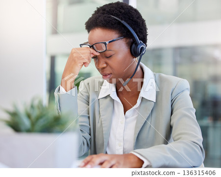 Call center, headache and black woman frustrated by faq, customer service or internet delay in office. Stress, migraine and African lady consultant with vertigo, glitch or problem while consulting Call center, headache and black woman frustrated by faq, customer service or internet delay in office. Stress, migraine and African lady consultant with vertigo, glitch or problem while consulting 136315406