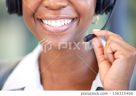 Woman, call center and mouth for communication, customer support or contact us for CRM questions. Closeup, face and happy agent with microphone for telemarketing, sales consulting or telecom advisory Woman, call center and mouth for communication, customer support or contact us for CRM questions. Closeup, face and happy agent with microphone for telemarketing, sales consulting or telecom advisory 136315408
