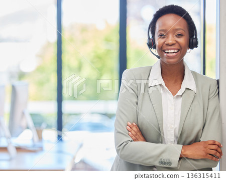 Happy black woman, call center and portrait with arms crossed for customer service, telecom and consultant in CRM office. Female agent smile for sales consulting, telemarketing and pride for support 136315411