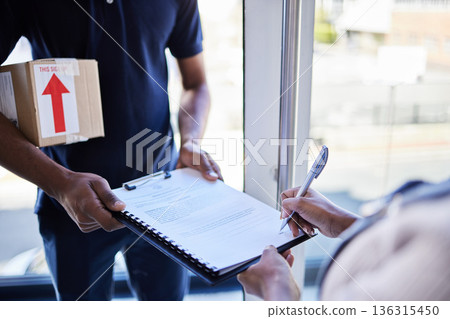 Online shopping, woman sign paperwork and package box with delivery man at front door. Ecommerce or distribution, supply chain or logistics and female person receive parcel with clipboard documents 136315450
