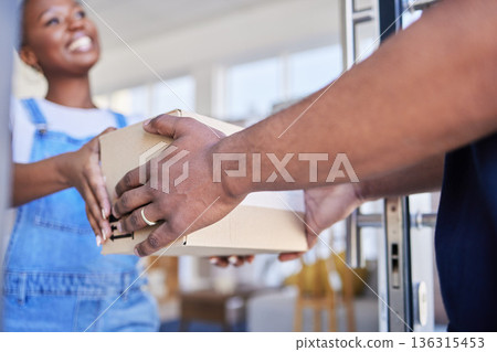Ecommerce, woman with delivery man and package at her home for courier transportation. Online shopping or logistics, supply chain or distribution and African female person receive parcel or product 136315453