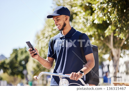 City travel, phone or happy man, delivery and courier check destination, map or location on bicycle route. Sustainable bike transportation, mobile shipping app and person smile for outdoor direction City travel, phone or happy man, delivery and courier check destination, map or location on bicycle route. Sustainable bike transportation, mobile shipping app and person smile for outdoor direction 136315467