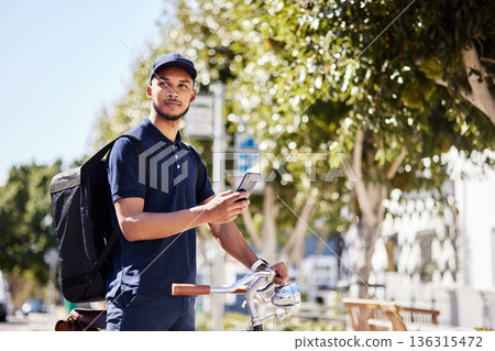 Bicycle, phone and delivery service by man use maps on smartphone to navigate city for package, product or fast food. Bike, mobile app and courier employee use internet for direction or ecommerce web 136315472
