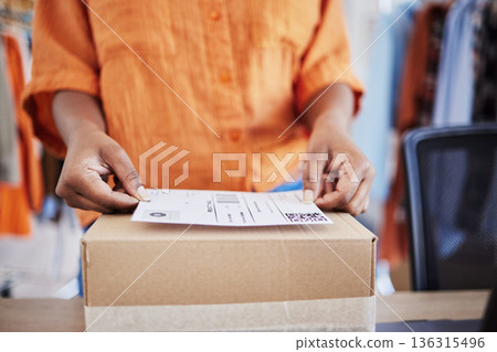 Hands, label or woman with box for delivery, shipping or package with logistics in ecommerce in office. Closeup, stock or business owner with product or store order for cargo service or sticker sign Hands, label or woman with box for delivery, shipping or package with logistics in ecommerce in office. Closeup, stock or business owner with product or store order for cargo service or sticker sign 136315496
