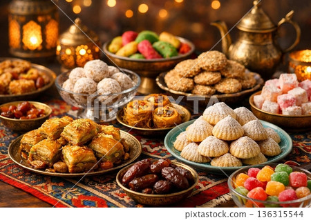 Colorful Eid al-Fitr Sweets and Treats Table in Festive Joyful Setting 136315544