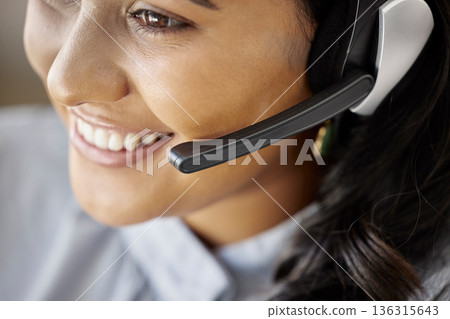 Face, call center or happy woman in communication on mic or headset for friendly customer service. Girl virtual assistant, smile or telemarketing sales agent explaining online in telecom tech support Face, call center or happy woman in communication on mic or headset for friendly customer service. Girl virtual assistant, smile or telemarketing sales agent explaining online in telecom tech support 136315643