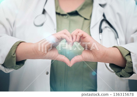 Healthcare, professional and heart sign with woman in closeup for medicine or service. Medical expert, support and love hand for cardiology or hope and care with worker for wellness or insurance. Healthcare, professional and heart sign with woman in closeup for medicine or service. Medical expert, support and love hand for cardiology or hope and care with worker for wellness or insurance. 136315678