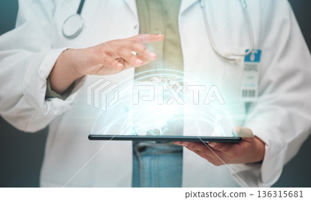 Doctor, hands and tablet with 3d hologram for global communication, healthcare or Telehealth at hospital. Hand of person or medical professional with technology display or app for global medicare Doctor, hands and tablet with 3d hologram for global communication, healthcare or Telehealth at hospital. Hand of person or medical professional with technology display or app for global medicare 136315681