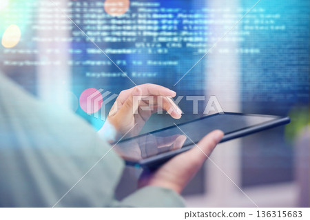 Woman, hands and tablet with coding overlay in digital transformation, software or hardware development. Hand of female person, coder or developer with technology or data analytics in double exposure 136315683