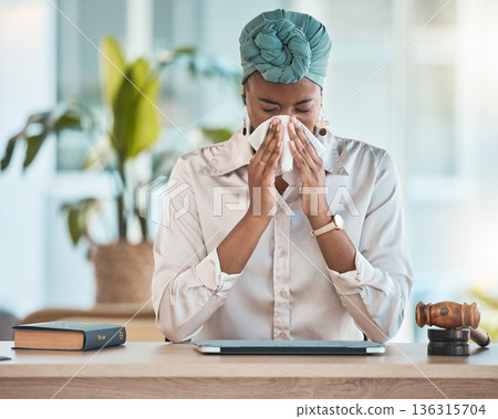 Workplace, blowing nose or sick black woman with tissue, flu or worker with health problems or illness in office. Lady, sneezing or businesswoman with toilet paper, allergy virus or fever disease Workplace, blowing nose or sick black woman with tissue, flu or worker with health problems or illness in office. Lady, sneezing or businesswoman with toilet paper, allergy virus or fever disease 136315704