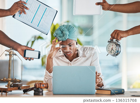 Frustrated, busy and a black woman with hands and laptop for business, team chaos and stress. Anger, meeting and an African employee with anxiety about an email and problem from workers about project 136315708