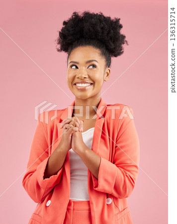 Business woman, happy and studio with a smile feeling excited and hope from new job. African female person, worker and pink background with confident creative employee and thinking of wish and dream Business woman, happy and studio with a smile feeling excited and hope from new job. African female person, worker and pink background with confident creative employee and thinking of wish and dream 136315714