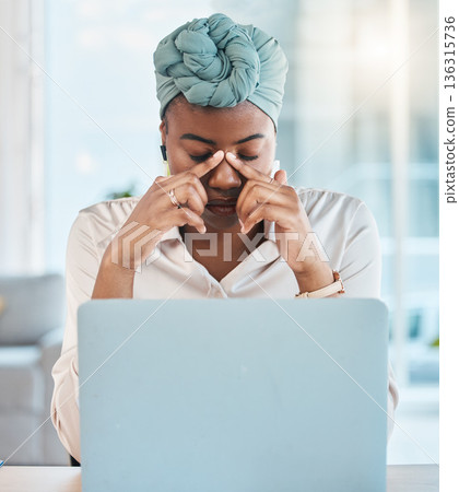 Business, burnout and black woman with a headache, pain and employee overworked, anxiety and fatigue. Female person, depression or consultant with a migraine, laptop and tired with stress and anxiety 136315736