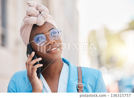 Thinking, phone call and black woman in city for business communication with contact. African professional, vision and smartphone for conversation, discussion or talking, listening and chat outdoor. 136315757