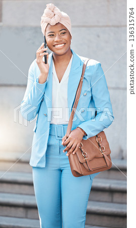 Phone call, walking and businesswoman on stairs in city with briefcase by her office building. Smile, happy and professional African female lawyer on mobile conversation with cellphone in urban town. 136315764
