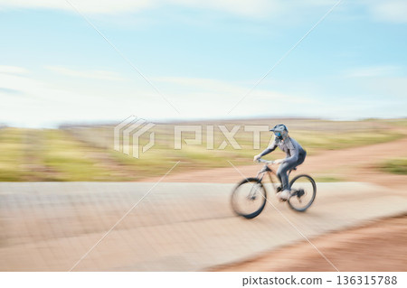 Motorbike, speed and freedom in desert with adventure for sport in competition or blur. Race, dirt bike and action with energy in outdoor for training or rally performance with power in mockup space. 136315788