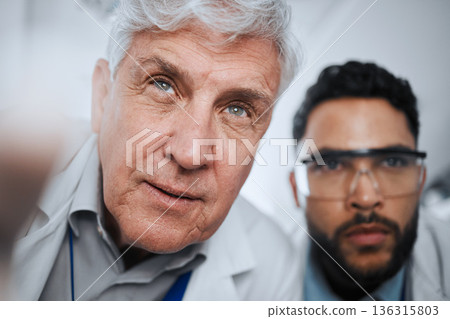 Medical inspection, team and men in a lab for research check, medicine analysis or science. Focus, faces and scientists doing analysis of healthcare innovation test or biotechnology job together Medical inspection, team and men in a lab for research check, medicine analysis or science. Focus, faces and scientists doing analysis of healthcare innovation test or biotechnology job together 136315803