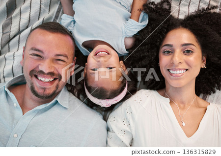 Top view, family and parents with girl, portrait and love with bonding, quality time and support. Face, mother or father with daughter, female child or kid with happiness, cheerful or loving together Top view, family and parents with girl, portrait and love with bonding, quality time and support. Face, mother or father with daughter, female child or kid with happiness, cheerful or loving together 136315829