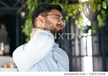 Business man, neck pain and problem with health issue and muscle fatigue in a office. Employee, young male person and professional and injury of worker feeling tired from inflammation at work Business man, neck pain and problem with health issue and muscle fatigue in a office. Employee, young male person and professional and injury of worker feeling tired from inflammation at work 136315848