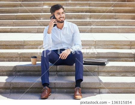 Business, stairs and man with a smile, phone call and relax on lunch break, conversation and network. Male person, consultant or agent with a smartphone, steps or connection with happiness or talking 136315854
