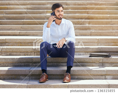 Business, stairs and man with a phone call, relax and lunch break with conversation, network and communication. Male person, consultant or agent with a cellphone, steps and connection with planning 136315855