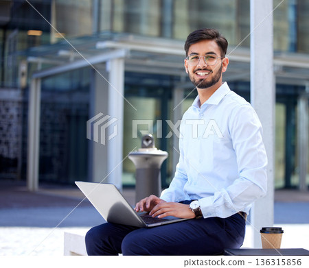Portrait, business and man with a laptop, outdoor or typing with connection, digital software or network. Male person, employee or consultant with a pc, city or planning with a smile or data analysis 136315856