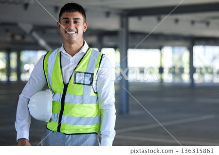 Architect portrait, confident construction worker or happy man for real estate development, project or career job. Civil engineering, property inspector and person with pride, PPE and ready for work Architect portrait, confident construction worker or happy man for real estate development, project or career job. Civil engineering, property inspector and person with pride, PPE and ready for work 136315861