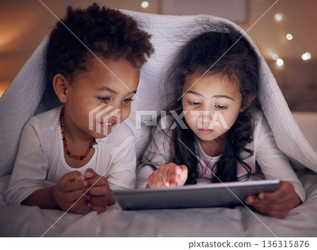 Games, night and children with a tablet in bed for cartoon, movie or streaming a show. Smile, blanket and girl kids with technology in the bedroom for the internet, education or online fun together Games, night and children with a tablet in bed for cartoon, movie or streaming a show. Smile, blanket and girl kids with technology in the bedroom for the internet, education or online fun together 136315876
