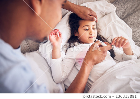 Thermometer, nursing and a man with a sick child for a fever, temperature check or virus. Family, house and a dad with a medical tool and a girl kid in the bed with a health problem or headache 136315881