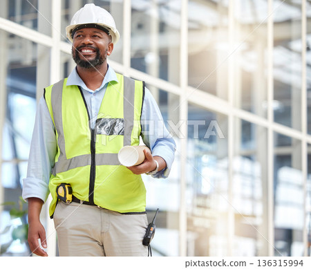 Black man, blueprint or construction manager walking in building site for project management. Engineering, contractor or designer thinking of floor plan for architecture, development and innovation 136315994