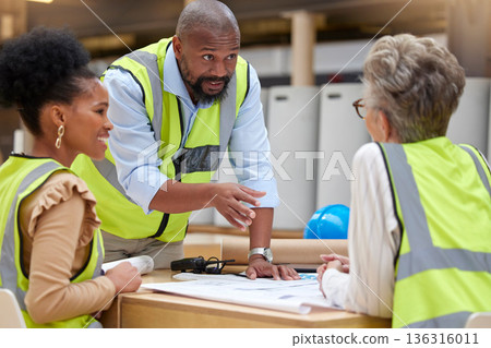 Manager, meeting or civil engineering team planning a building or construction architecture. Teamwork, leadership or designers talking or speaking of floor plan idea in discussion or collaboration Manager, meeting or civil engineering team planning a building or construction architecture. Teamwork, leadership or designers talking or speaking of floor plan idea in discussion or collaboration 136316011