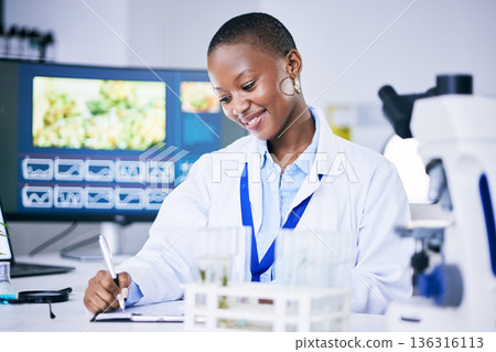 Writing, biotechnology and scientist woman in laboratory research, plants analysis and test results in natural medicine. Pharmaceutical data, medical and science notes of african person and weed tube 136316113