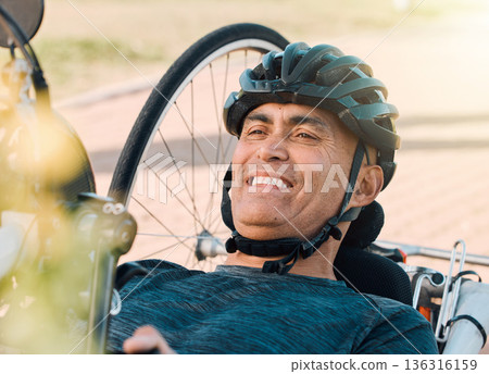 Happy man with disability, handcycle and bike for sports, race or cardio contest. Bicycle, male cyclist or face of athlete with paraplegia cycling in competition, challenge or smile of outdoor action Happy man with disability, handcycle and bike for sports, race or cardio contest. Bicycle, male cyclist or face of athlete with paraplegia cycling in competition, challenge or smile of outdoor action 136316159