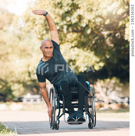 Stretching, workout and man with a disability in park for fitness and health portrait. Warm up, wellness and exercise with wheelchair user training in nature for sports, challenge and performance Stretching, workout and man with a disability in park for fitness and health portrait. Warm up, wellness and exercise with wheelchair user training in nature for sports, challenge and performance 136316163