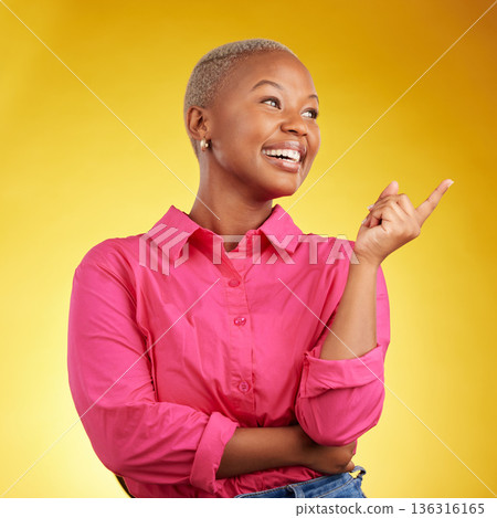 Smile, black woman and hand pointing in studio for news, deal or coming soon announcement on yellow background. Finger, show and happy African female show list, promo or sign up contact information Smile, black woman and hand pointing in studio for news, deal or coming soon announcement on yellow background. Finger, show and happy African female show list, promo or sign up contact information 136316165